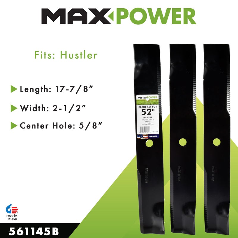 MaxPower 561145B 3 Blade Set for 52 in. Cut Hustler Mowers, Replaces OEM #'s 795526, 603995, 783753, 787721, 30227-52X - Image 2
